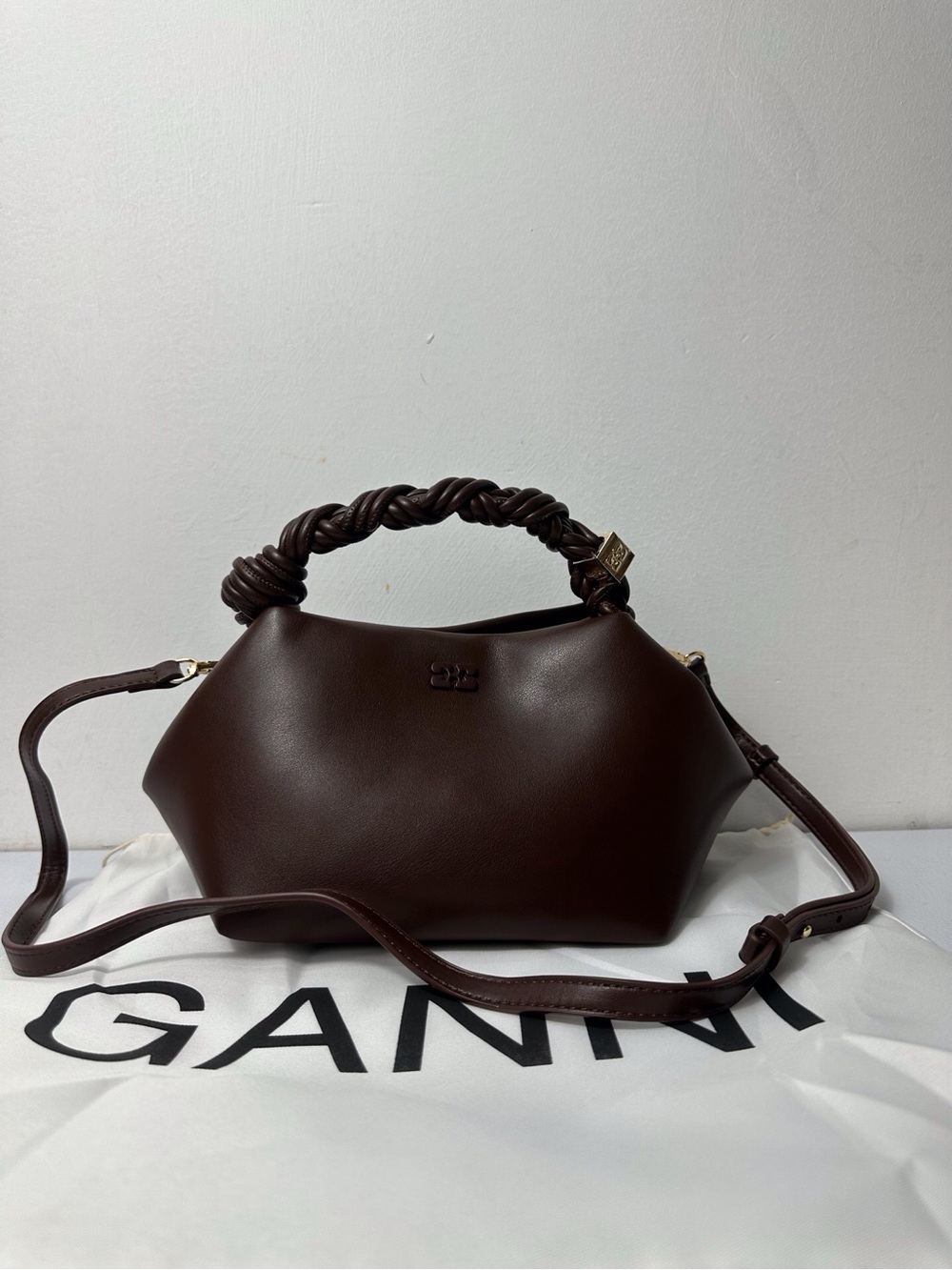 🤎 GANNI Brown Soft Leather Twist Handle Crossbody Handbag